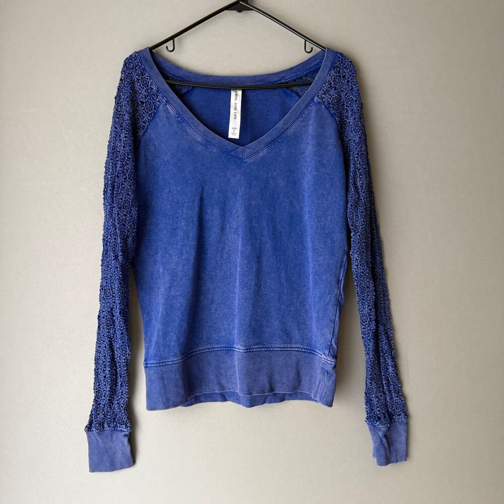 Lorna Jane Cotton Boho Open Knit Yoga V-Neck‎ Pullover Top S Blue